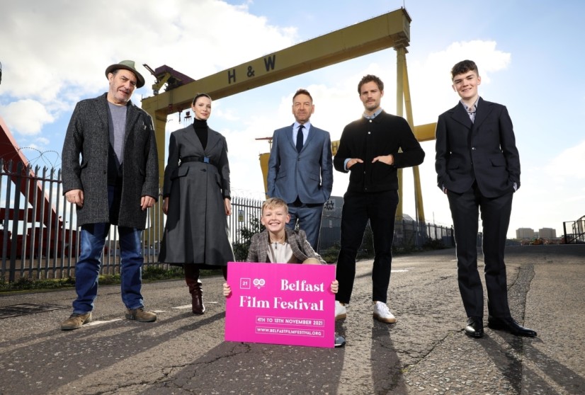 Kenneth Branagh at Harland & Wolff cranes 'Samson and Goliath' ahead of the Irish premiere of his critically acclaimed film BELFAST. Pictured are the stars of the film: Kenneth is pictured with Ciaran Hinds, Caitriona Balfe, Jude Hill, Jamie Dornan and Lewis McAskie. BELFAST opened The 21st Belfast Film Festival on 4th November 2021 at a red carpet event co-hosted by Northern Ireland Screen at The Waterfront Hall.
