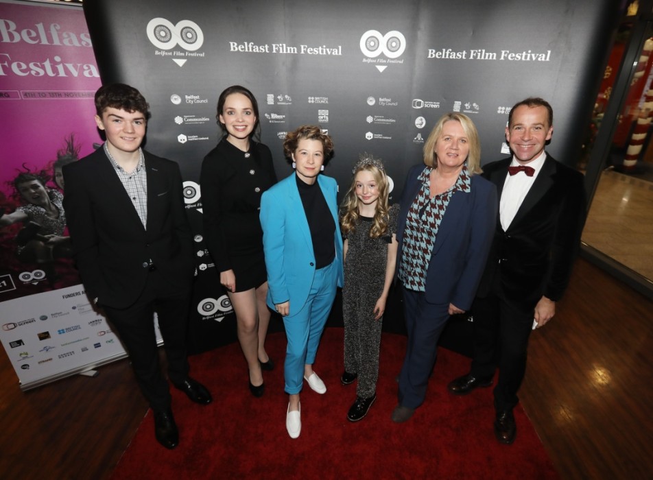 Actors Lewis McAskie, Eileen O 'Higgins, Niamh Dornan, Jonjo O'Neill with Director Stacey Gregg and Festival Director Michele Devlin.